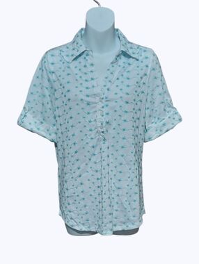 NWT Cathy Daniels Button-Down Shirt with Teal Star Embroidered Print